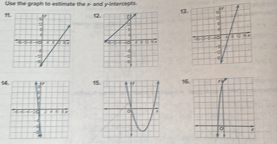 Use the graph to estimate the x - and y-intercepts.
1213

11516