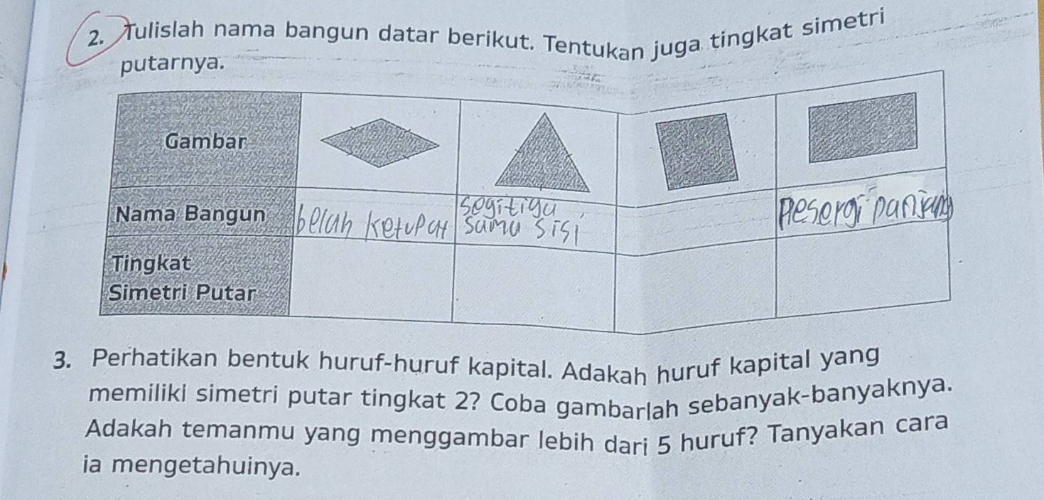 Tulislah nama bangun datar berikut. Tentukan juga tingkat simetri 
ya. 
3. Perhatikan bentuk huruf-huruf kapital. Adakah huruf kapital yang 
memiliki simetri putar tingkat 2? Coba gambarlah sebanyak-banyaknya. 
Adakah temanmu yang menggambar lebih dari 5 huruf? Tanyakan cara 
ia mengetahuinya.