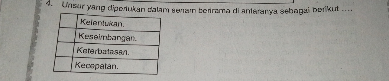 Unsur yang diperlukan dalam senam berirama di antaranya sebagai berikut …