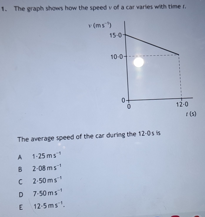 The graph shows how the speed v of a car varies with time .
The average speed of the car during the 12·0s is
A 1· 25ms^(-1)
B 2· 08ms^(-1)
C 2· 50ms^(-1)
D 7· 50ms^(-1)
E 12· 5ms^(-1).