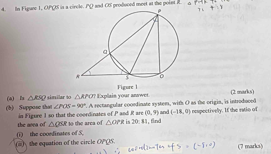 In Figure 1, OPQS is arcle. PQ and OS produced meet at the point R. 
Figure 1 
(a) Is △ RSQ similar to △ RPO ? Explain your answer. (2 marks) 
(b) Suppose that ∠ POS=90°. A rectangular coordinate system, with O as the origin, is introduced 
in Figure 1 so that the coordinates of P and R are (0,9) and (-18,0) respectively. If the ratio of 
the area of △ QSR to the area of △ OPR is 20:81 , find 
(i) the coordinates of S, 
(ii) the equation of the circle OPQS. 
(7 marks)