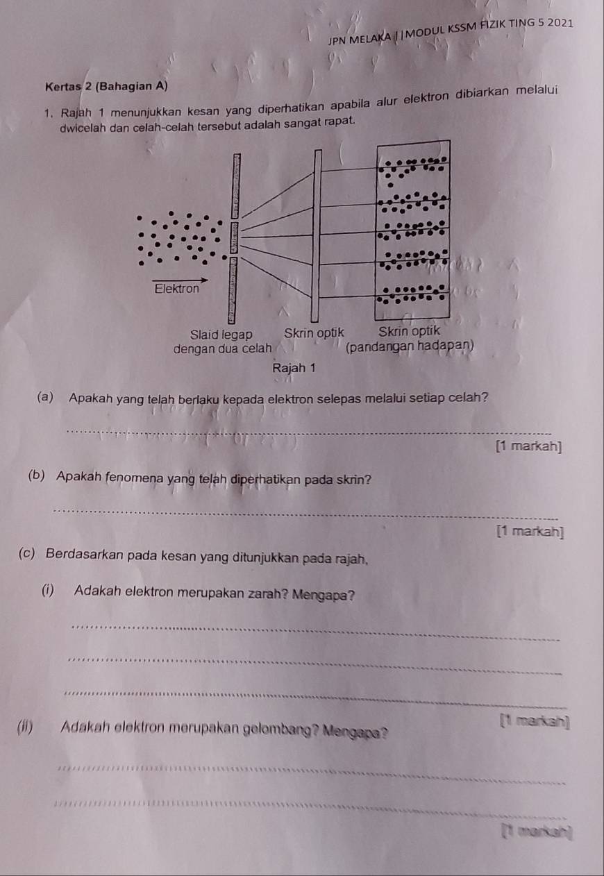 JPN MELAKA | | MODUL KSSM FIZIK TING 5 2021 
Kertas 2 (Bahagian A) 
1. Rajah 1 menunjukkan kesan yang diperhatikan apabila alur elektron dibiarkan melalui 
dwicelah dan celah-celah tersebut adalah sangat rapat. 
(a) Apakah yang telah berlaku kepada elektron selepas melalui setiap celah? 
_ 
[1 markah] 
(b) Apakah fenomena yang telah diperhatikan pada skrin? 
_ 
[1 markah] 
(c) Berdasarkan pada kesan yang ditunjukkan pada rajah, 
(i) Adakah elektron merupakan zarah? Mengapa? 
_ 
_ 
_ 
[1 markah] 
(ii) Adakah elektron merupakan gelombang? Mengapa? 
_ 
_ 
[1 markal