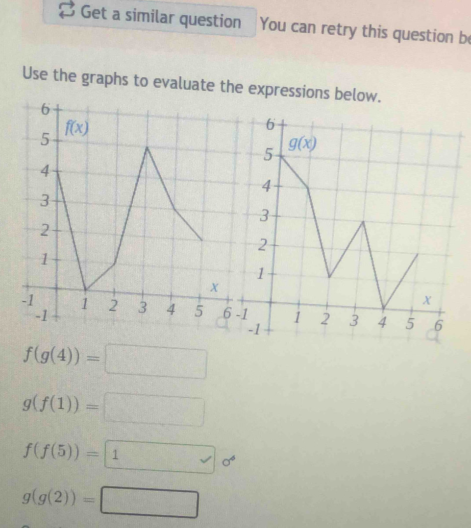 Get a similar question You can retry this question be
Use the graphs to evaluate the expressions below.
f(g(4))=□
g(f(1))=□
f(f(5))= 1  sigma^6
g(g(2))=□