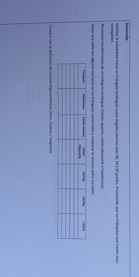 Desarrollo 
Solicitar al estudiante trazar un triángulo rectángulo cuyos ángulos internos sean 90, 30 y 60 grados. Procurando que los triángulos que tracen sean 
semejantes. 
Reconocer los elementos de un triángulo rectángulo (Cateto opuesto, cateto adyacente e hipotenusa). 
Hacer una tabla con algunos ejemplos de los triángulos construidos y comparar la relación entre sus lados. 
Concluir con la definición de razones trigonométricas (Seno, Coseno y Tangente)