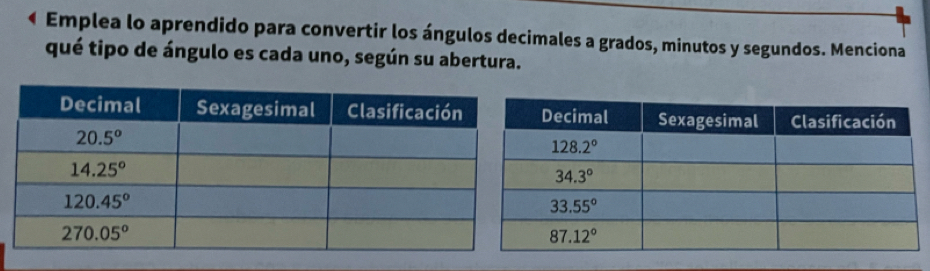 Emplea lo aprendido para convertir los ángulos decimales a grados, minutos y segundos. Menciona
qué tipo de ángulo es cada uno, según su abertura.