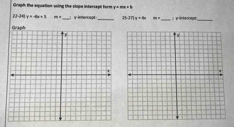 Graph the equation using the slope intercept form y=mx+b
22-24) y=-6x+5 m= _ ; y-intercept:_ 25-27) y=4x m= _ ; y-intercept:_