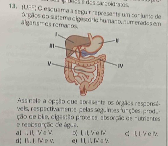 os lípídeos e dos carboidratos.
13. (UFF) O esquema a seguir representa um conjunto de
órgãos do sistema digestório humano, numerados em
algarismos romanos.
Assinale a opção que apresenta os órgãos responsá-
veis, respectivamente, pelas seguintes funções: produ-
ção de bile, digestão proteica, absorção de nutrientes
e reabsorção de água.
a) I, II, IV e V. b) I, II, V e IV. c) II, I, V e IV.
d) III, I, IV e V. e) III, II, IV e V.