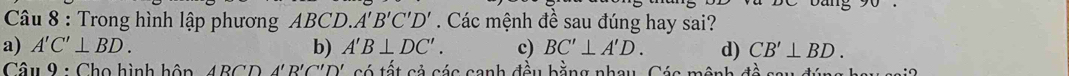 Trong hình lập phương ABCD. A'B'C'D'. Các mệnh đề sau đúng hay sai?
a) A'C'⊥ BD. b) A'B⊥ DC'. c) BC'⊥ A'D. d) CB'⊥ BD. 
Câu 9 : Cho hình hôn ARC'DA'R'C'D' có tết cả các canh đầu bằng nhay. Các mệnh đề say đí