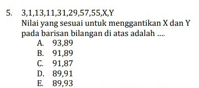 3, 1, 13, 11, 31, 29, 57, 55, X, Y
Nilai yang sesuai untuk menggantikan X dan Y
pada barisan bilangan di atas adalah ....
A. 93, 89
B. 91, 89
C. 91, 87
D. 89, 91
E. 89, 93