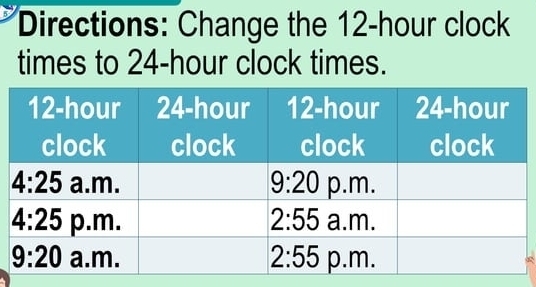 Directions: Change the 12-hour clock
times to 24-hour clock times.