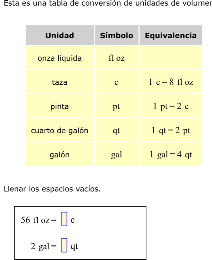 Esta es una tabla de conversión de unidades de volumer
Llenar los espacios vacíos.
56floz=□ c
2gal=□ qt