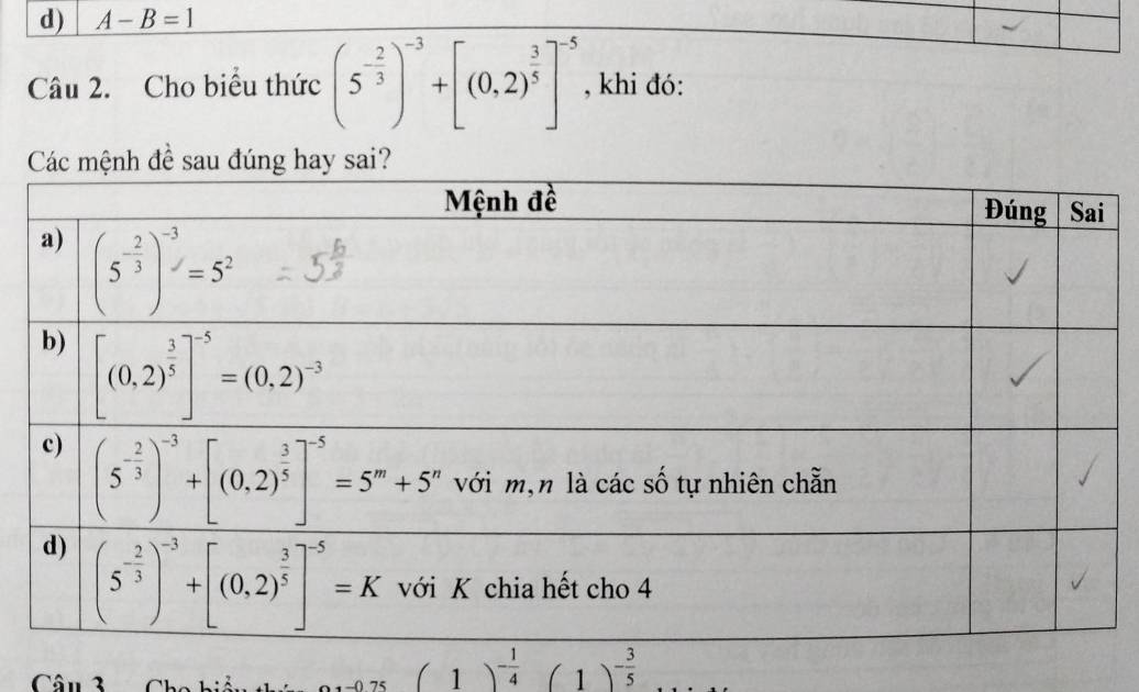 A-B=1
Câu 2. Cho biểu thức (5^(-frac 2)3)^-3+[(0,2)^ 3/5 ]^-5 , khi đó:
Câu 3
(1)^- 1/4 (1)^- 3/5 