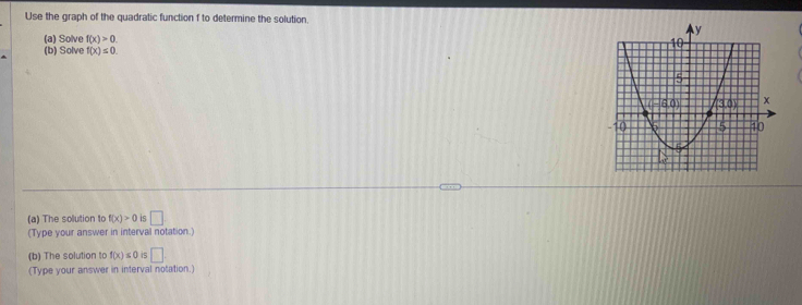 Use the graph of the quadratic function f to determine the solution.
(a) Solve f(x)>0.
(b) Solve f(x)≤ 0.
(a) The solution to f(x)>0 is □
(Type your answer in interval notation.)
(b) The solution to f(x)≤ 0 is □
(Type your answer in interval notation.)