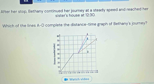 6A 
After her stop, Bethany continued her journey at a steady speed and reached her 
sister's house at 12:30. 
Which of the lines A-D complete the distance-time graph of Bethany's journey?
80
A
70
B (
60
1 50
0
40
30
20
10
11.00 N 75 11:50 11.45 11.00 12.15 12.50 12.45 1100
Watch video