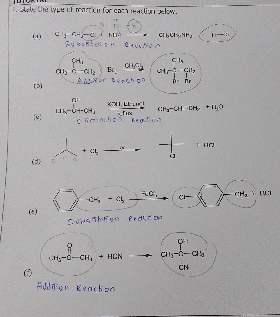 to
1. State the type of reaction for each reaction below.
(a) CH_3-CH_2-Cl+NH_3^(- CH_3)CH_2NH_2 AH-CI
Br_2xrightarrow CH_2Cl_2 CH_3-C-CH_2
(b)
(c)
∈tlimits _CH_3-CH-CH-CH-CH_3frac  (KOH,Ethanol)/reflux  CH_3-CH=CH_2+H_2O
-1-∠ MNK_-2+9^
+HCI
CI
(d)
(e)
Reacti
(f)