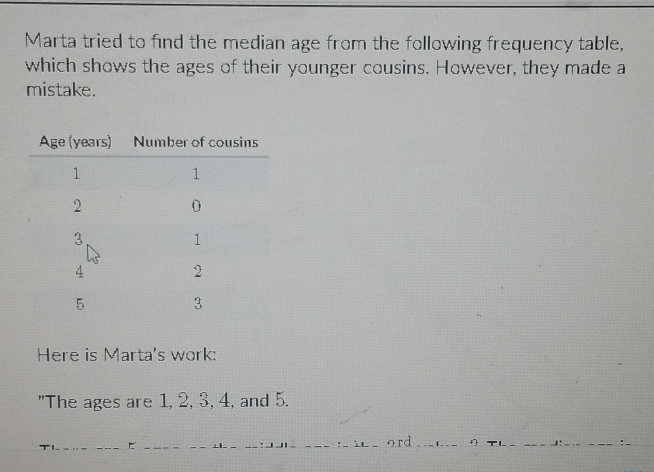 Marta tried to find the median age from the following frequency table, 
which shows the ages of their younger cousins. However, they made a 
mistake. 
Here is Marta's work: 
"The ages are 1, 2, 3, 4, and 5.