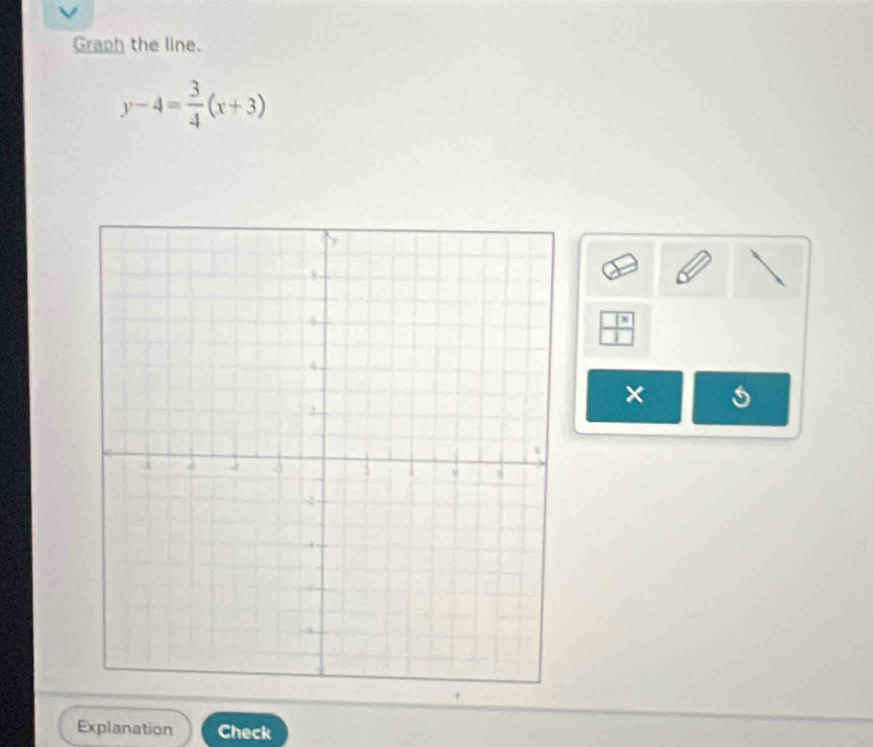 Graph the line.
y-4= 3/4 (x+3)
1^x
× 
Explanation Check