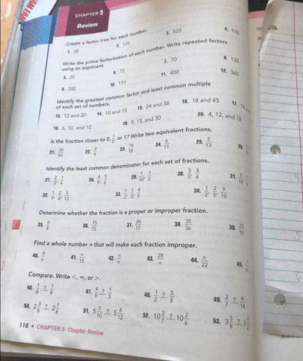 CHAPTER 5
Review
Creste a factor tree for each number. a525 4. 110
5
a. 126
1. 38
Write the prime factorization of each number. Write repeated factors
using an exponent. 1. 70
0. 135
B. 72 12. 360
8 20
 11T 11. 400
B. 200
Identify the greatest common factor and least common multiple
of each set of numbers. 1B. 18 and 45
1. 12 and 20 14. 10 and 15
15, 24 and 36 17. 14
 9, 15, and 30
20. 4, 12, and 18
1 6, 10, and 12
Is the fraction closer to 0,  1/2  or 1? Write two equivalent fractions.
21.  30/50  22.  2/9  23.  14/18  24.  6/11  25.  2/13  28,  16/25 
Identify the least common denominator for each set of fractions.
27.  2/3 , 1/4  28.  4/9 , 5/6  29.  1/10'  1/2  30.  3/5 , 3/4  31.  3/10 , 1/4 
34.
32.  1/9 , 2/4 , 5/12  33.  1/2 , 1/3 , 4/9   1/2 , 2/5 , 9/10 
Determine whether the fraction is a proper or improper fraction.
35.  6/8  36.  15/15  37.  26/17  38.  35/36  39.  23/19 
Find a whole number n that will make each fraction improper.
40.  4/n  41.  n/15  42.  n/n  43.  28/n  44.  n/22  45.  1/n 
Compare. Write.
46.  1/8 _ ? 1/9  47.  4/9 _ ? 1/3  48.  1/2 _ ? 5/8  49.  2/7  ?/14 
7
50, 2 3/8  - 2 1/8  51. 5 5/10  5 6/12  52. 10 2/7 _ ?10 2/6  53. 3 5/9 _ ?3 1/2 
116 # CHAPTER 5 Chapter Review