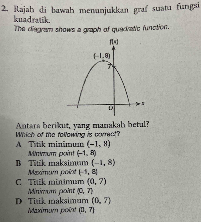 Rajah di bawah menunjukkan graf suatu fungsi
kuadratik.
The diagram shows a graph of quadratic function.
Antara berikut, yang manakah betul?
Which of the following is correct?
A Titik minimum (-1,8)
Minimum point (-1,8)
B Titik maksimum (-1,8)
Maximum point (-1,8)
C Titik minimum (0,7)
Minimum point (0,7)
D Titik maksimum (0,7)
Maximum point (0,7)