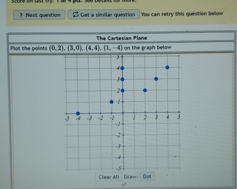 score on last try: I Bf 4 pts. sou butans for m 
Next question Get a similar question You can retry this question below 
The Cartesian Plane 
Plot the points (0,2), (3,0),(4,4), (1,-4) on the graph below 
Clear All Draw: Dot