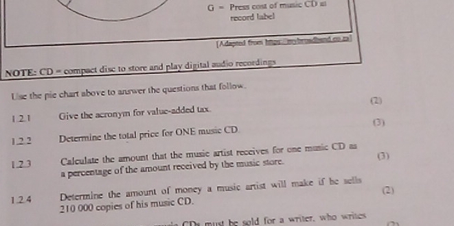 G= Press cost of music C 
record label 
[Adapted from hpsm broadhand co.ca] 
NOTE: CD = compact disc to store and play digital audio recordings 
Use the pie chart above to answer the questions that follow. 
(2) 
1.2.1 Give the acronym for value-added tax. 
(3) 
1.2.2 Determine the total price for ONE music CD 
1.2.3 Calculate the amount that the music artist receives for one music CD as 
(3) 
a percentage of the amount received by the music store. 
(2) 
1.2.4 Determine the amount of money a music artist will make if he sells
210 000 copies of his music CD. 
CD must be sold for a writer, who writes