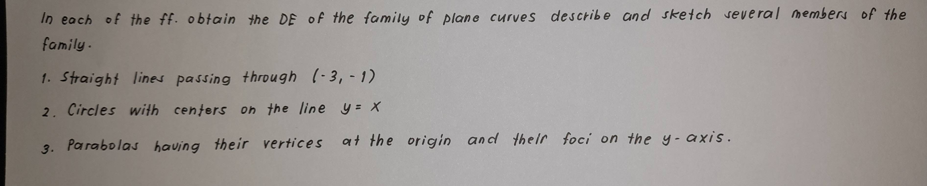 In each of the ff. obtain the DE of the family of plane curves describe and sketch several members of the 
family. 
1. Straight lines passing through (-3,-1)
2. Circles with centers on the line y=x
3. Parabolas having their vertices at the origin and their foci on the y-axis.