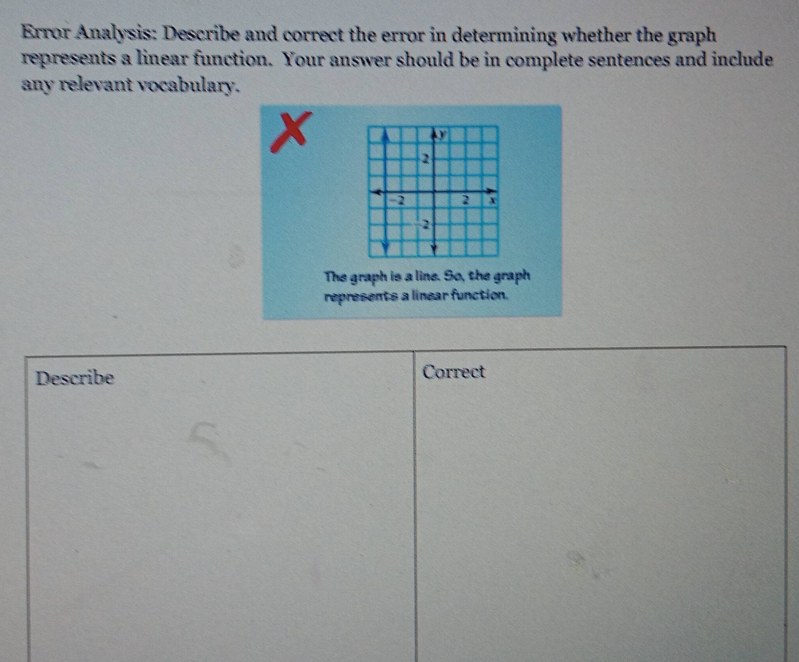 Error Analysis: Describe and correct the error in determining whether the graph 
represents a linear function. Your answer should be in complete sentences and include 
any relevant vocabulary.
x
97
2
2 x
2
The graph is a line. So, the graph 
represents a linear function. 
Describe 
Correct