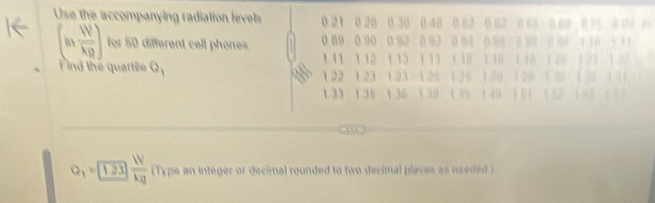 Use the accompanying radiation levels 0.21 0.28 0.30 0.48 0.62 0.62 0.65 0.60 0.75 0 09 2
(in W/kg ) for 50 different cell phones 0.89 0.90 0.92 0.02 0 94 0.09 0.99 0.09 4.10 3+1
1. 11 1.12 1.13 1.13 1.18 1.18 1.18 1.20 1.21 1.22
T ind the quartie Q_1
122 1.23 123 1.25 125 120 120 1 30 1 30 1 31
1.33 1.38 1.36 1.38 1.39 1.49 1.51 1.52 1 52 1.5 5
Q_1=□  IV/kg  (Type an integer or decimal rounded to two decimal places as needed .)