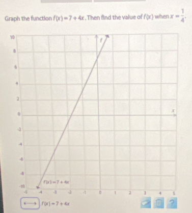 Graph the function f(x)=7+4x. Then find the value of f(x) when x= 1/4 .
f(x)=7+4x
?