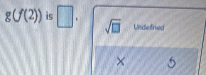 g(f(2)) is □ .
sqrt(□ ) Undefined
×
5