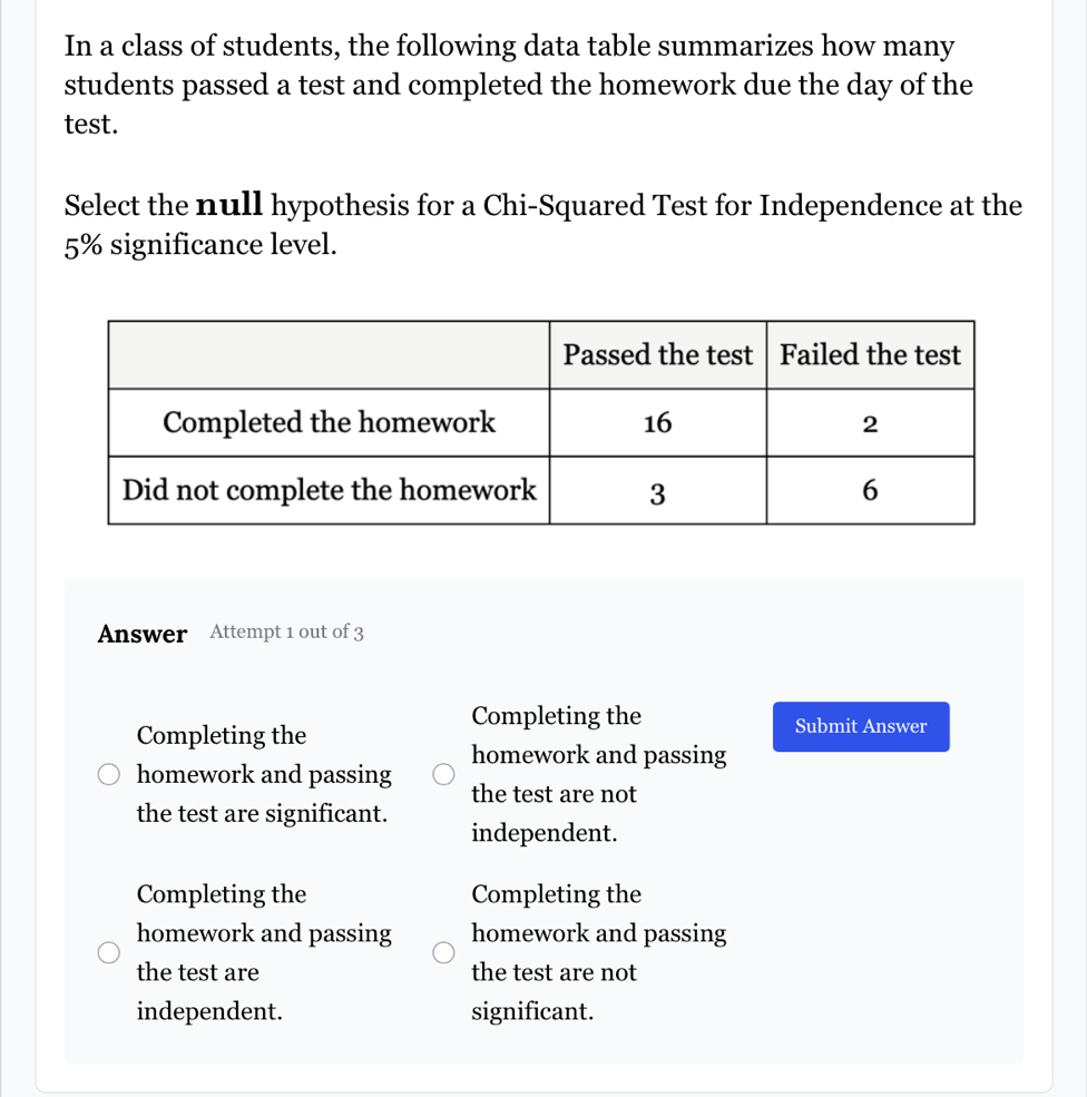 In a class of students, the following data table summarizes how many
students passed a test and completed the homework due the day of the
test.
Select the null hypothesis for a Chi-Squared Test for Independence at the
5% significance level.
Answer Attempt 1 out of 3
Completing the Submit Answer
Completing the
homework and passing homework and passing
the test are not
the test are significant. independent.
Completing the Completing the
homework and passing homework and passing
the test are the test are not
independent. significant.