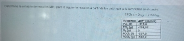 Determine la enaipia de reacción (AH) para la siguieme reacción a partir de los dajot que se le suministrae en el cuadro.
2f(1)_11+D_212-2700_18