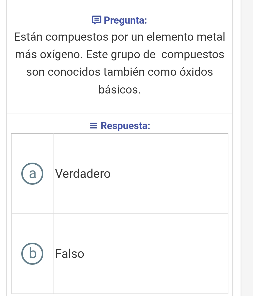 Pregunta:
Están compuestos por un elemento metal
más oxígeno. Este grupo de compuestos
son conocidos también como óxidos
básicos.
Respuesta:
Verdadero
b Falso