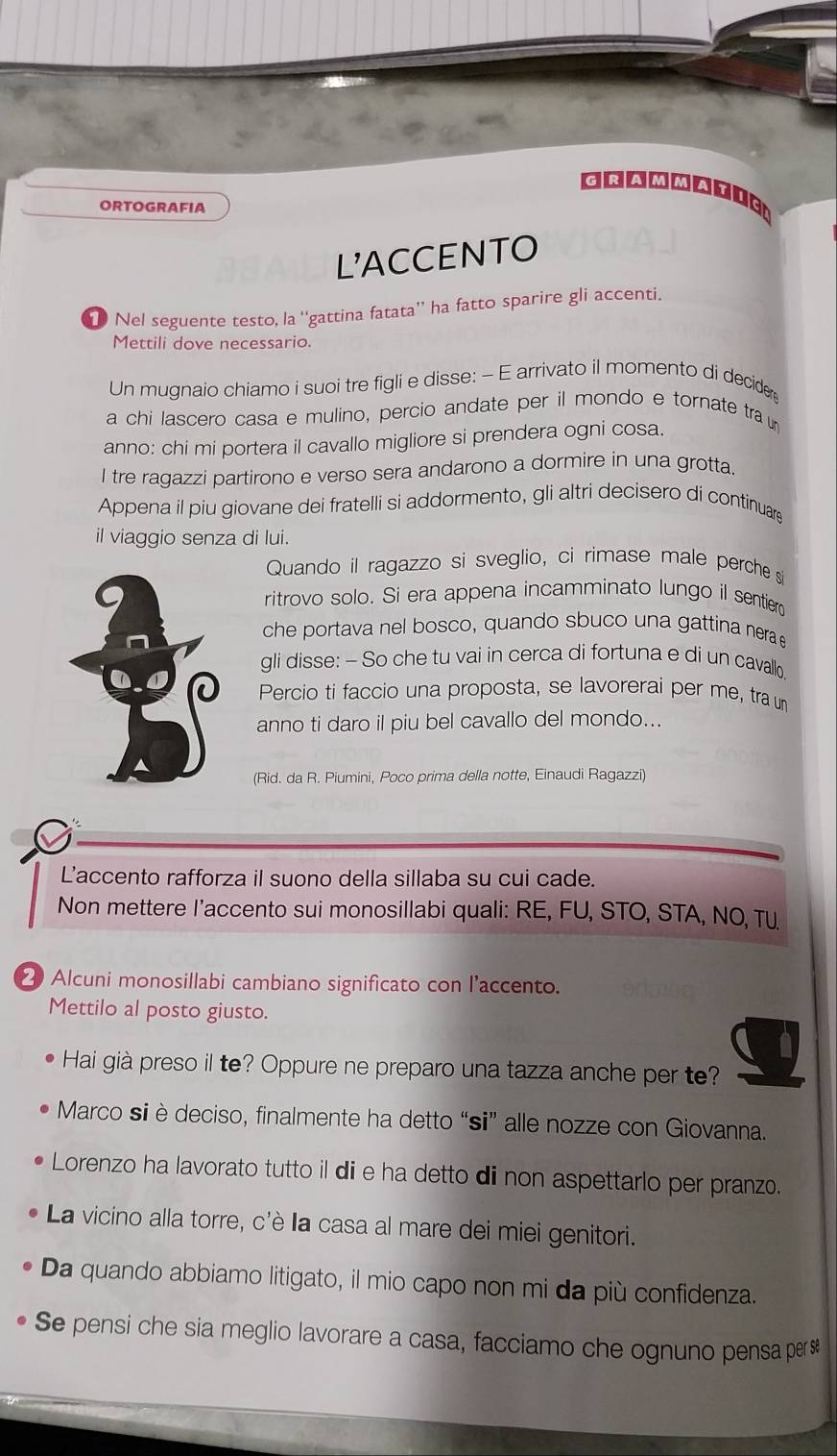 GrAmMATic
ORTOGRAFIA
L'ACCENTO
Nel seguente testo, la ''gattina fatata”’ ha fatto sparire gli accenti.
Mettili dove necessario.
Un mugnaio chiamo i suoi tre figli e disse: - E arrivato il momento di decider
a chi lascero casa e mulino, percio andate per il mondo e tornate tra 
anno: chi mi portera il cavallo migliore si prendera ogni cosa.
I tre ragazzi partirono e verso sera andarono a dormire in una grotta.
Appena il piu giovane dei fratelli si addormento, gli altri decisero di continuar
il viaggio senza di lui.
Quando il ragazzo si sveglio, ci rimase male perche si
ritrovo solo. Si era appena incamminato lungo il sentiero
che portava nel bosco, quando sbuco una gattina nera e
gli disse: - So che tu vai in cerca di fortuna e di un cavallo,
Percio ti faccio una proposta, se lavorerai per me, tra un
anno ti daro il piu bel cavallo del mondo...
(Rid. da R. Piumini, Poco prima della notte, Einaudi Ragazzi)
L’accento rafforza il suono della sillaba su cui cade.
Non mettere l’accento sui monosillabi quali: RE, FU, STO, STA, NO, TU
2 Alcuni monosillabi cambiano significato con l'accento.
Mettilo al posto giusto.
Hai già preso il te? Oppure ne preparo una tazza anche per te?
Marco si è deciso, finalmente ha detto “si” alle nozze con Giovanna.
Lorenzo ha lavorato tutto il di e ha detto di non aspettarlo per pranzo.
La vicino alla torre, c'è la casa al mare dei miei genitori.
Da quando abbiamo litigato, il mio capo non mi da più confidenza.
Se pensi che sia meglio lavorare a casa, facciamo che ognuno pensa per$