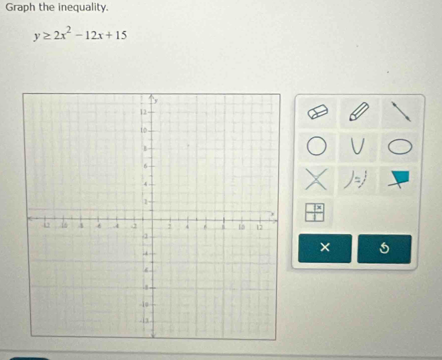 Graph the inequality.
y≥ 2x^2-12x+15
1x
× 5