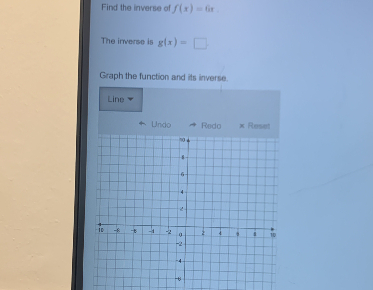 Find the inverse of f(x)=6x. 
The inverse is g(x)=□. 
Graph the function and its inverse.
Line
Undo Redo × Reset