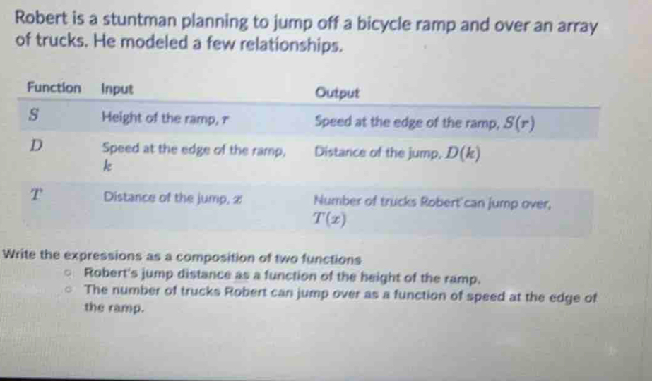 Robert is a stuntman planning to jump off a bicycle ramp and over an array
of trucks. He modeled a few relationships.
Write the expressions as a composition of two functions
Robert's jump distance as a function of the height of the ramp.
The number of trucks Robert can jump over as a function of speed at the edge of
the ramp.