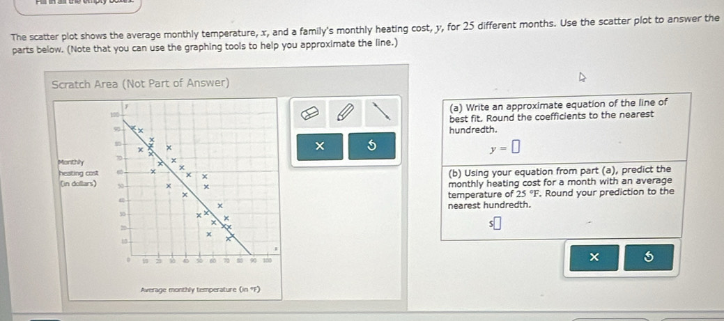 The scatter plot shows the average monthly temperature, x, and a family's monthly heating cost, y, for 25 different months. Use the scatter plot to answer the 
parts below. (Note that you can use the graphing tools to help you approximate the line.) 
Scratch Area (Not Part of Answer) 
(a) Write an approximate equation of the line of
100
best fit. Round the coefficients to the nearest
90 × 
hundredth. 
× 
Monthly 70 X ×
5
y=□
× 
heating cost 6 + x
× x
(b) Using your equation from part (a), predict the 
monthly heating cost for a month with an average 
(in dollars) 50 × x 25°F Round your prediction to the 
+ temperature of
x nearest hundredth.
50
c^x
×
x
22
x
~ 
D 10 2 10 6 50 60 70 90 100 × 
Average monthly temperature (in 9F)