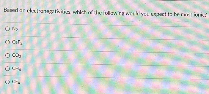 Based on electronegativities, which of the following would you expect to be most ionic?
N_2
CaF_2
CO_2
CH_4
CF_4