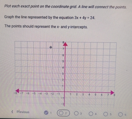 Plot each exact point on the coordinate grid. A line will connect the points. 
Graph the line represented by the equation 3x+4y=24. 
The points should represent the x - and y-intercepts. 
《 Previous 1 2 3 4 5 6