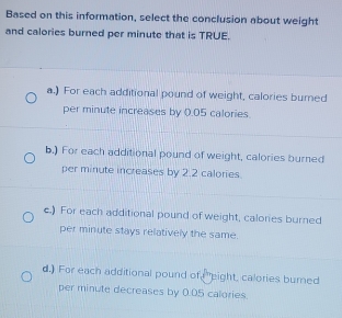 Based on this information, select the conclusion about weight
and calories burned per minute that is TRUE.
a.) For each additional pound of weight, calories burned
per minute increases by 0.05 calories
b.) For each additional pound of weight, calories burned
per minute increases by 2.2 calories.
c.) For each additional pound of weight, calories burned
per minute stays relatively the same.
d.) For each additional pound of "eight, calories burned
per minute decreases by 0.05 calories.