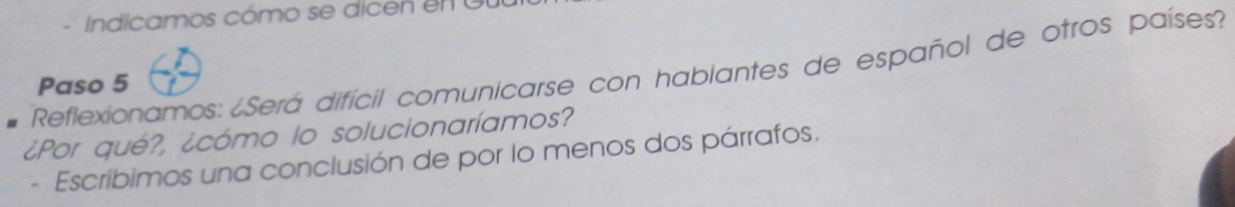 Indicamos cómo se dicen en a 
Reflexionamos: ¿Será difícil comunicarse con hablantes de español de otros países? 
Paso 5 
¿Por qué?, ¿cómo lo solucionaríamos? 
- Escribimos una conclusión de por lo menos dos párrafos.