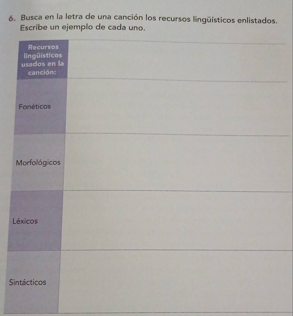 Busca en la letra de una canción los recursos lingüísticos enlistados. 
L 
S