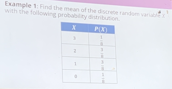 Example 1: Find the mean of the discrete random variable X
with the following probability distribution.