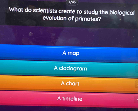 1/43
What do scientists create to study the biological
evolution of primates?
A map
A cladogram
A chart
A timeline