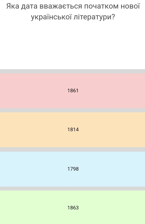 Яка дата вважаеться πочатком новї
уκраїнсьκοї літератури?
1861
1814
1798
1863