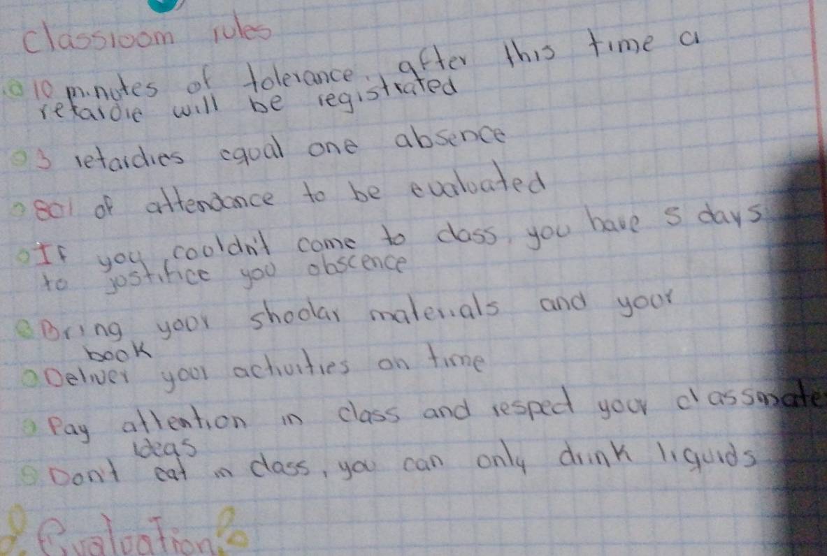 classroom rules
1010 m.nutes of folerance after this time a 
retaiole will be registated
3 retaidies equal one absence
0801 of attendance to be evaloated 
off you cooldn't come to class you have s days 
to postifice you obscence 
Dring your shoolar materals and your 
book 
oDelver your activities on time 
Pay atlention in class and respect your classmate 
ideas 
Don't eat in class, you can only drink liquids 
d.Bvoloationg