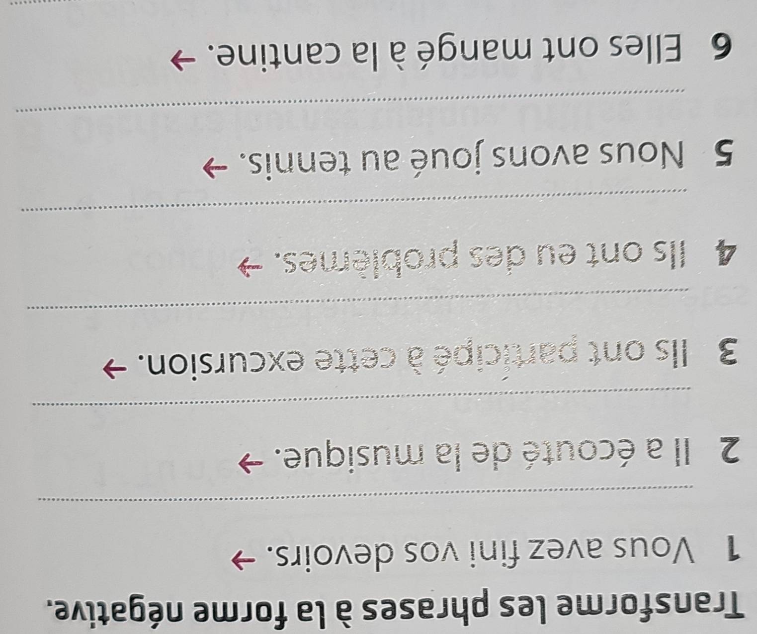 Transforme les phrases à la forme négative. 
1 Vous avez fini vos devoirs. 
_ 
2 Il a écouté de la musique. 
_ 
3 Ils ont participé à cette excursion. 
_ 
4 Ils ont eu des problèmes. 
_ 
5 Nous avons joué au tennis. 
_ 
6 Elles ont mangé à la cantine.