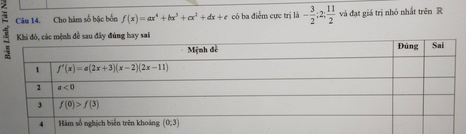 Cho hàm số bậc bốn f(x)=ax^4+bx^3+cx^2+dx+e có ba điểm cực trị là - 3/2 ;2; 11/2  và đạt giá trị nhỏ nhất trên R