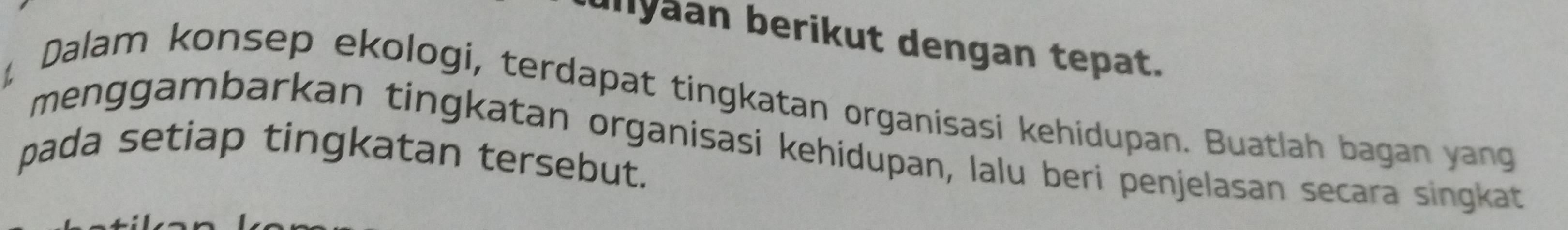 unyaan berikut dengan tepat. 
Dalam konsep ekologi, terdapat tingkatan organisasi kehidupan. Buatlah bagan yang 
menggambarkan tingkatan organisasi kehídupan, lalu beri penjelasan secara singkat 
pada setiap tingkatan tersebut.